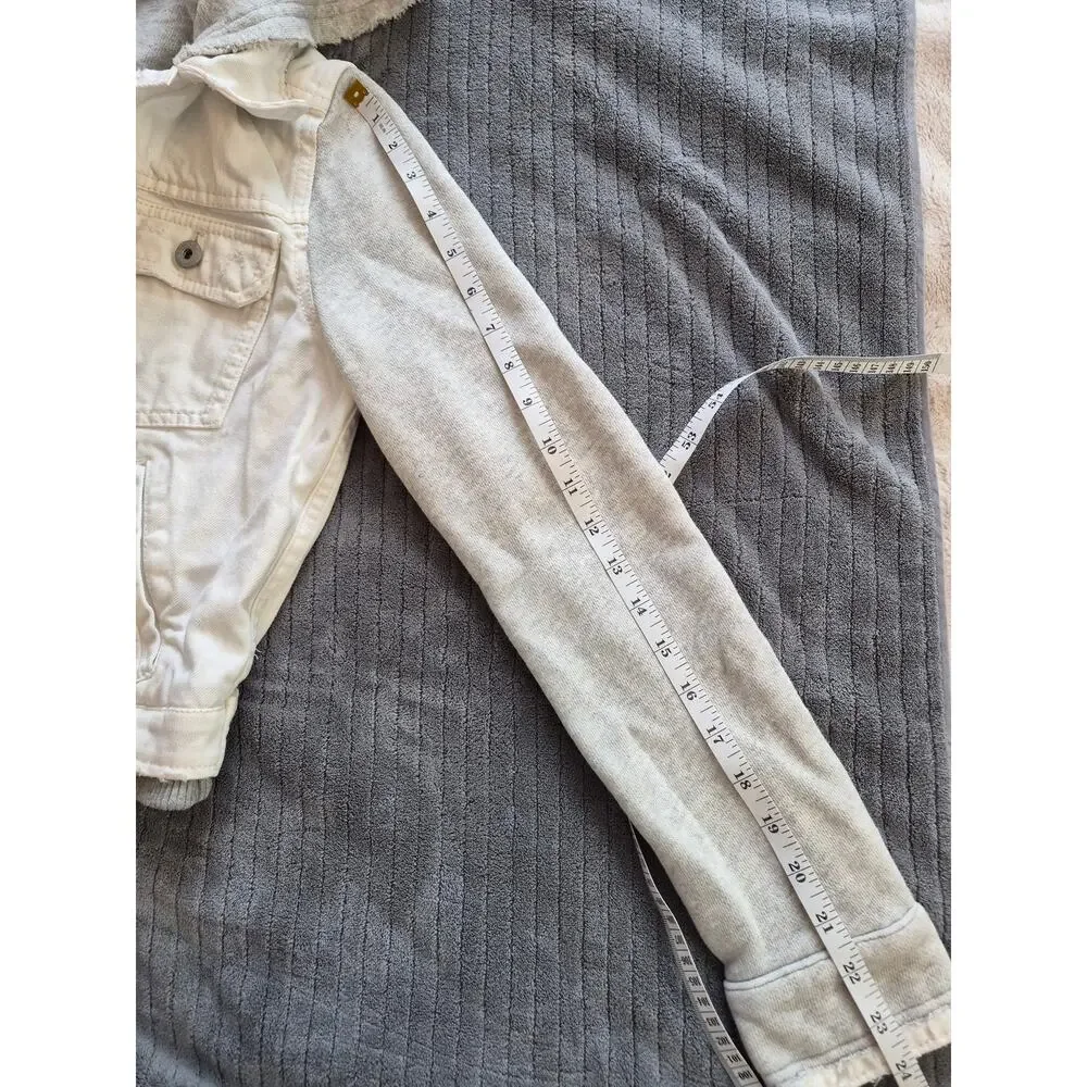 Free People Mixed Media Denim Jacket Knit Sleeves Hooded White Gray Distressed - Picture 3 of 5